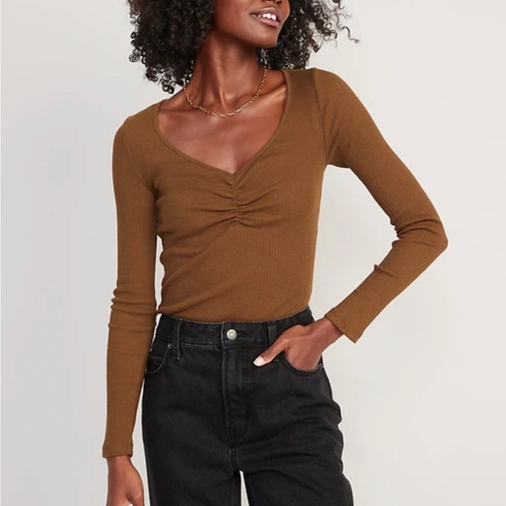Old Navy Brown Ruched V-Neck Ribbed Long Sleeve Top